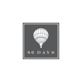 Logo med en luftballon og teksten "80 Days" på en grå baggrund.