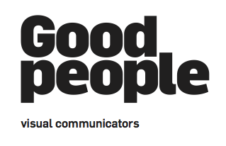 Tekst der siger "Good people" og "visual communicators" på hvid baggrund.